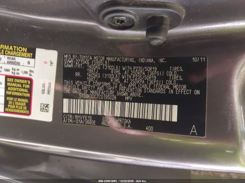 2012 Toyota Sienna Se 8 Passenger VIN: 5TDXK3DC7CS195028 Lot: 43981693