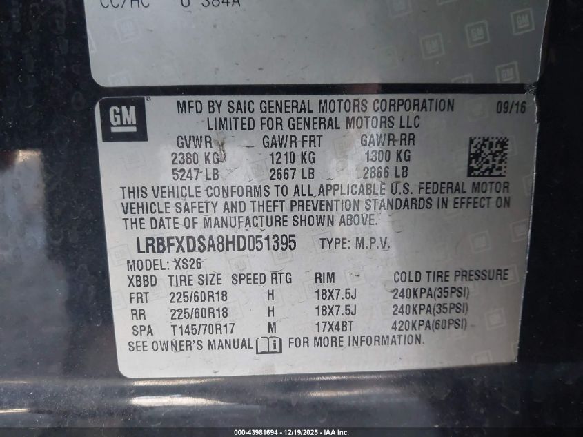 2017 Buick Envision Essence VIN: LRBFXDSA8HD051395 Lot: 43981694