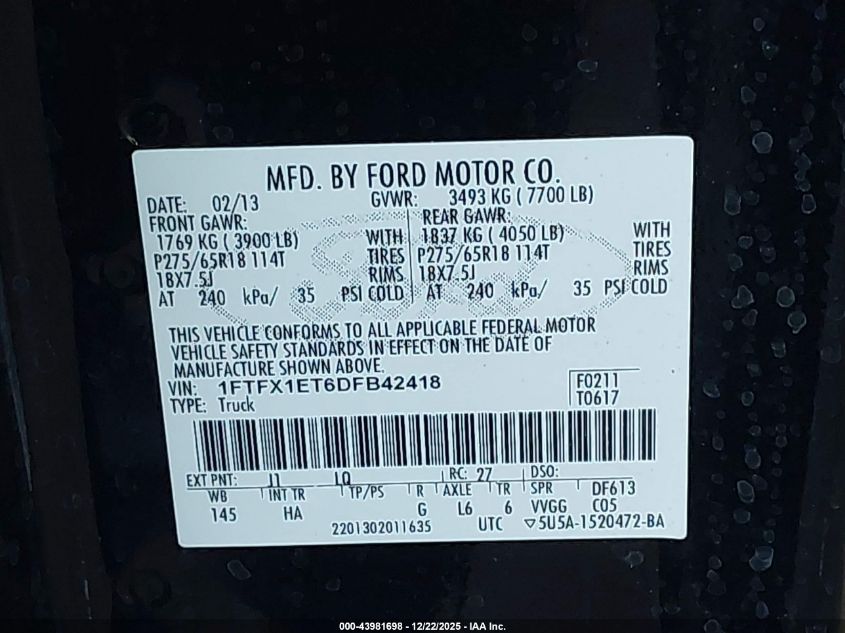 2013 Ford F-150 Lariat VIN: 1FTFX1ET6DFB42418 Lot: 43981698