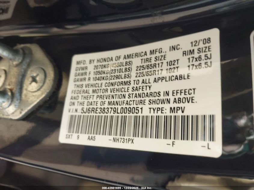 2009 Honda Cr-V Lx VIN: 5J6RE38379L009051 Lot: 43981699