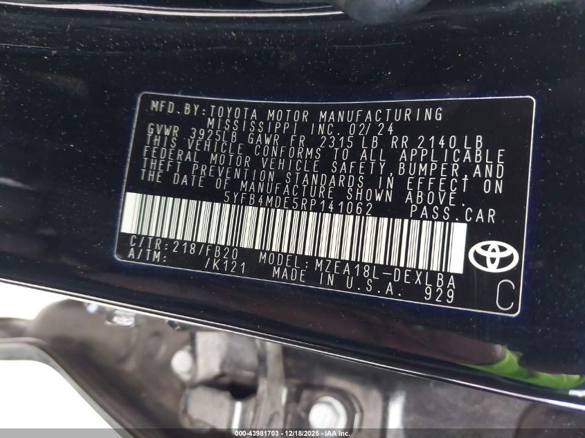 2024 Toyota Corolla Le VIN: 5YFB4MDE5RP141062 Lot: 43981703