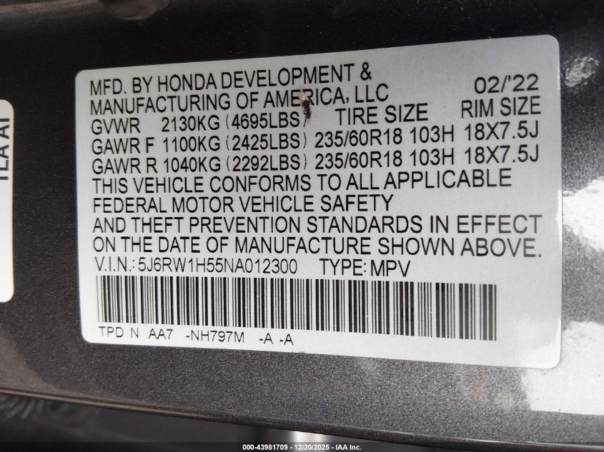 2022 Honda Cr-V 2Wd Ex VIN: 5J6RW1H55NA012300 Lot: 43981709