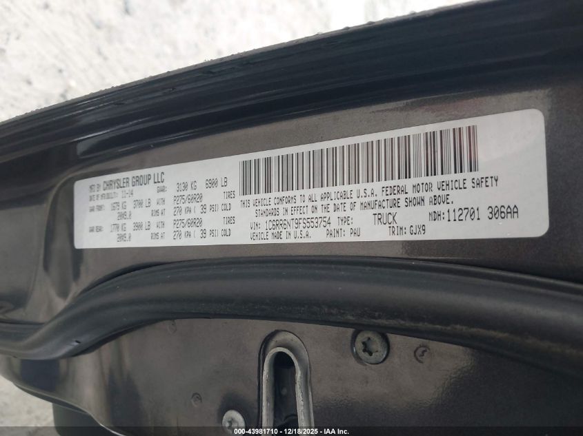 2015 Ram 1500 Laramie VIN: 1C6RR6NT9FS553754 Lot: 43981710