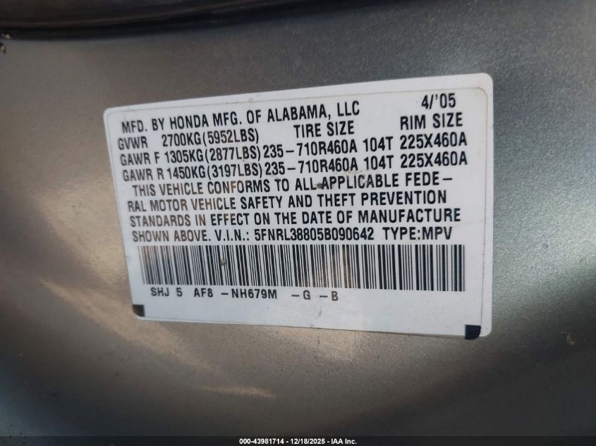 2005 Honda Odyssey Touring VIN: 5FNRL38805B090642 Lot: 43981714