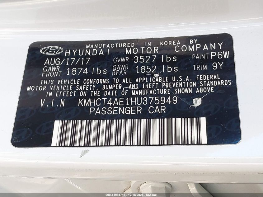2017 Hyundai Accent Se VIN: KMHCT4AE1HU375949 Lot: 43981716