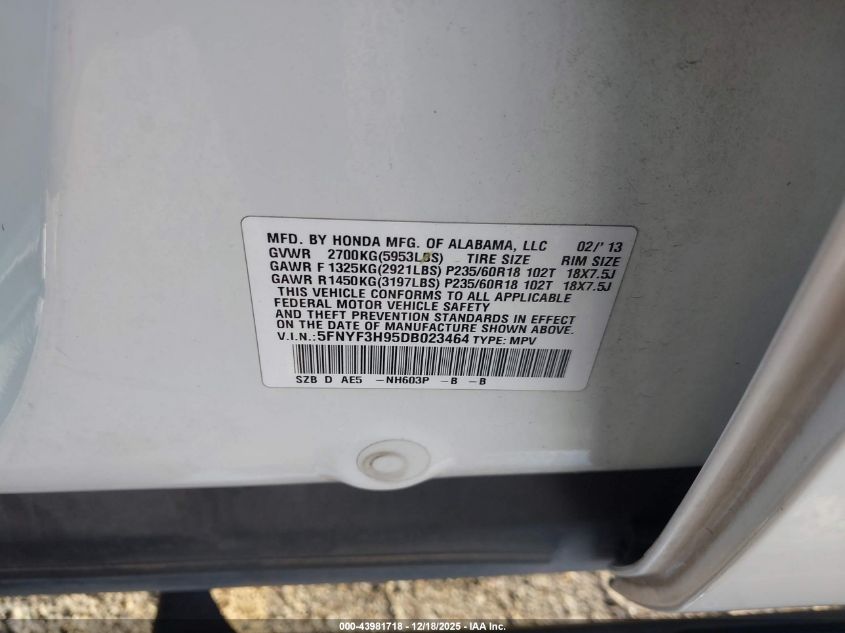 2013 Honda Pilot Touring VIN: 5FNYF3H95DB023464 Lot: 43981718