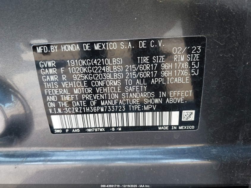 2023 Honda Hr-V 2Wd Lx VIN: 3CZRZ1H36PM733723 Lot: 43981719