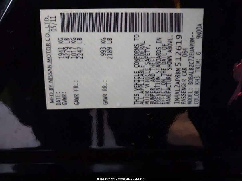 2011 Nissan Altima 2.5 S VIN: 1N4AL2AP8BN512619 Lot: 43981720