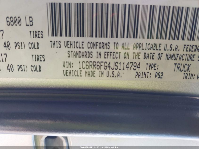 2018 Ram 1500 Express 4X2 6'4 Box VIN: 1C6RR6FG4JS114794 Lot: 43981721