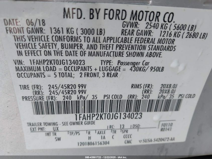 2018 Ford Taurus Sho VIN: 1FAHP2KT0JG134023 Lot: 43981722