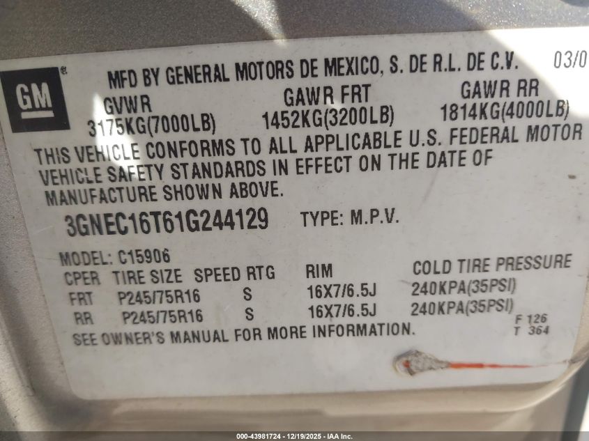 2001 Chevrolet Suburban 1500 Ls VIN: 3GNEC16T61G244129 Lot: 43981724