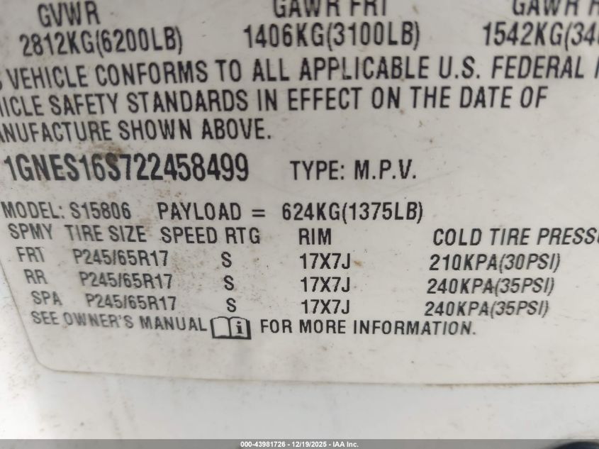 2002 Chevrolet Trailblazer Ext Lt VIN: 1GNES16S722458499 Lot: 43981726