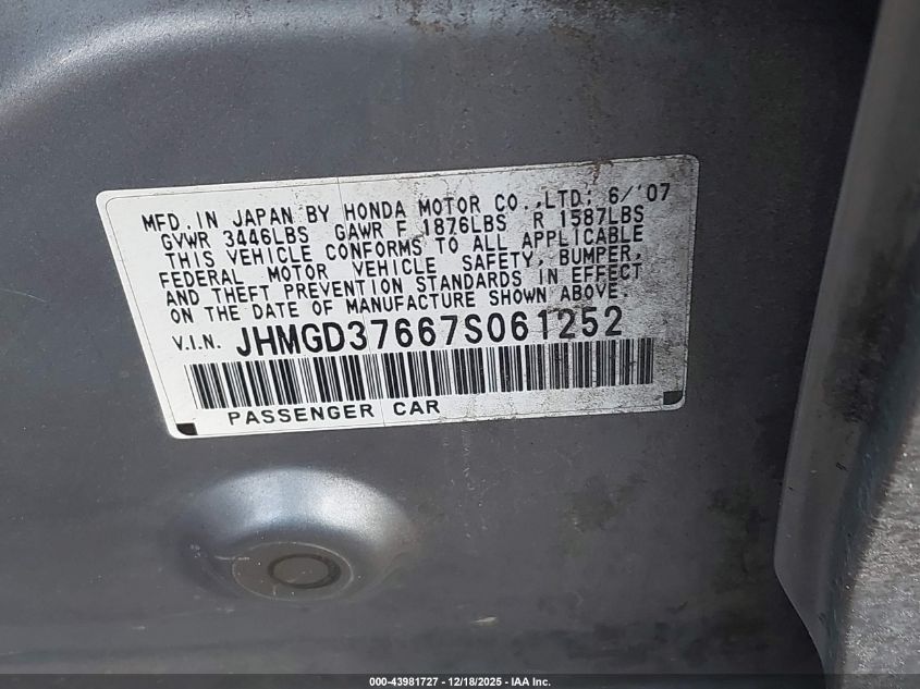 2007 Honda Fit Sport VIN: JHMGD37667S061252 Lot: 43981727