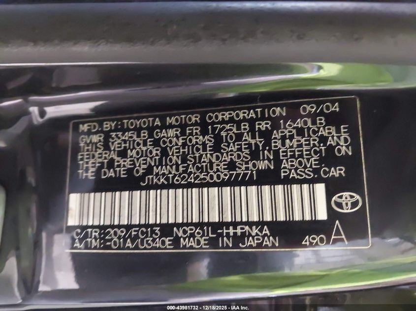 2005 Scion Xa VIN: JTKKT624250097771 Lot: 43981732