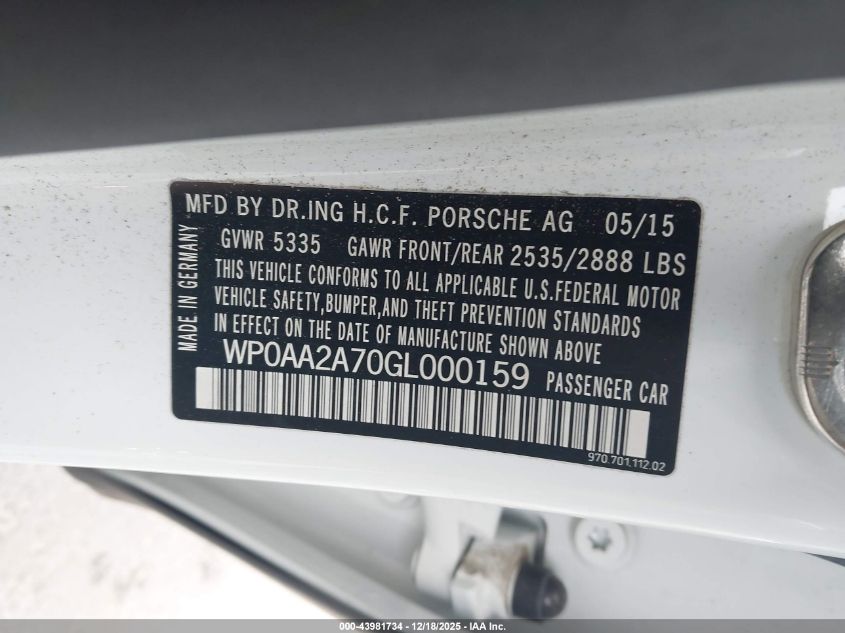 2016 Porsche Panamera 4 VIN: WP0AA2A70GL000159 Lot: 43981734