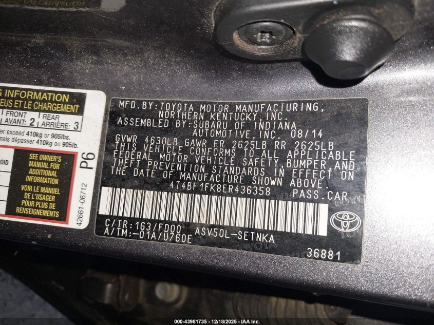 2014 Toyota Camry Le VIN: 4T4BF1FK8ER436358 Lot: 43981735