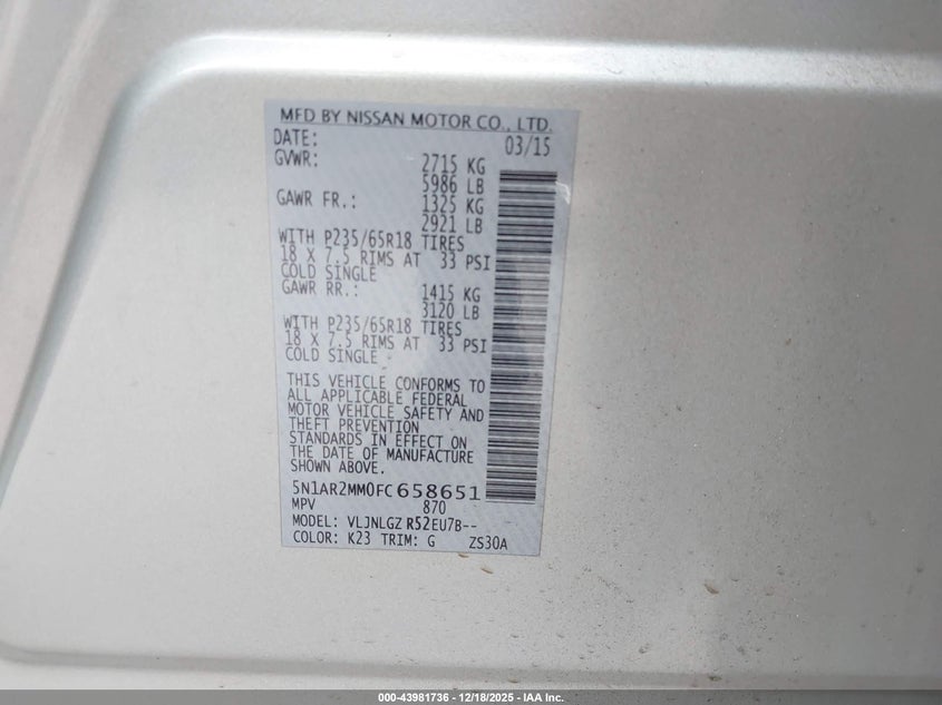 5N1AR2MM0FC658651 2015 NISSAN PATHFINDER photo no. 9