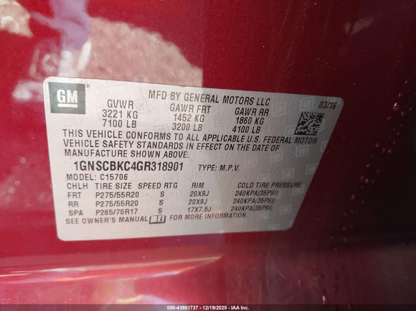 2016 Chevrolet Tahoe Lt VIN: 1GNSCBKC4GR318901 Lot: 43981737
