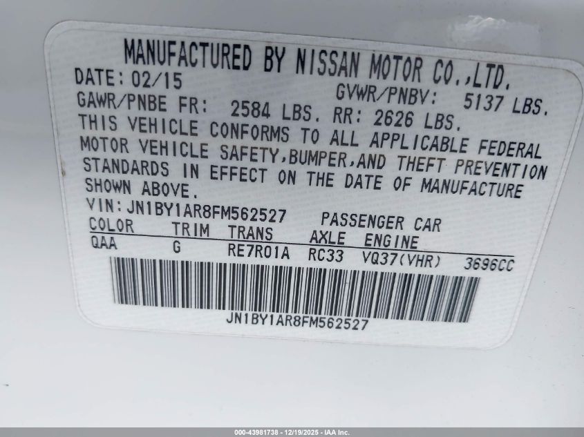 2015 Infiniti Q70 3.7X VIN: JN1BY1AR8FM562527 Lot: 43981738