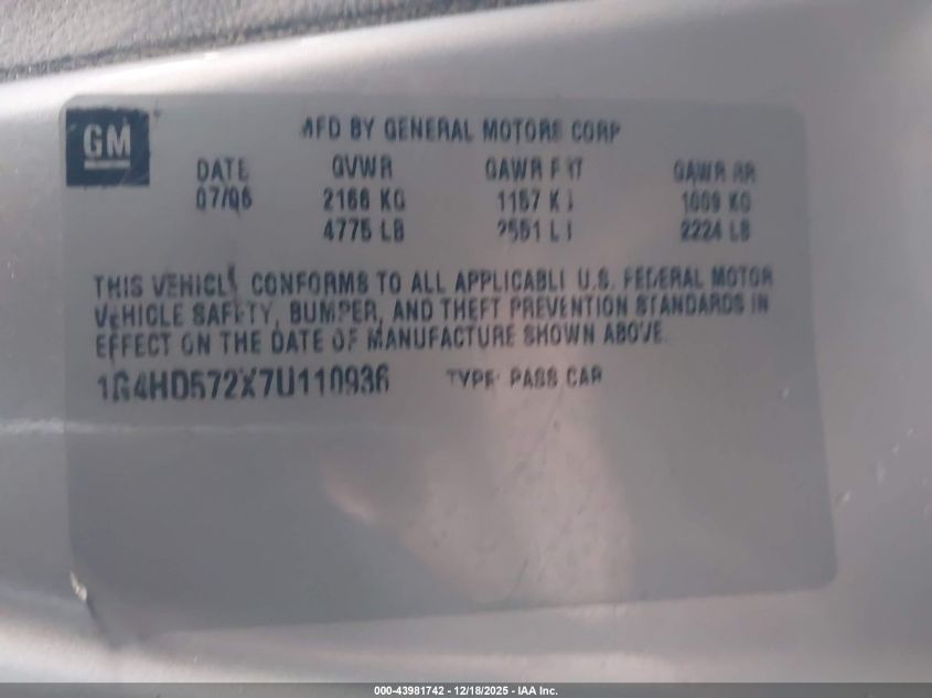 2007 Buick Lucerne Cxl VIN: 1G4HD572X7U110936 Lot: 43981742