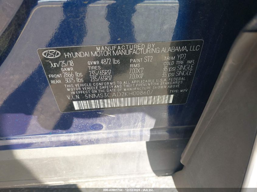 2019 Hyundai Santa Fe Sel VIN: 5NMS3CAD2KH008607 Lot: 43981744