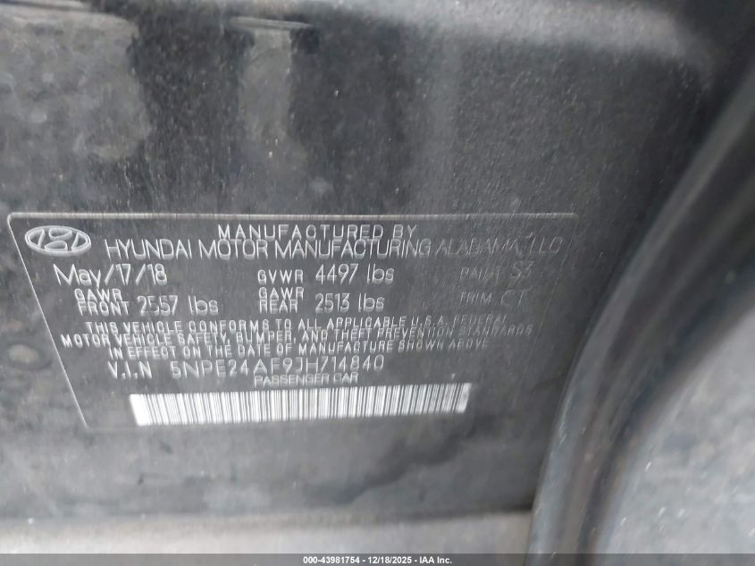 2018 Hyundai Sonata Se VIN: 5NPE24AF9JH714840 Lot: 43981754