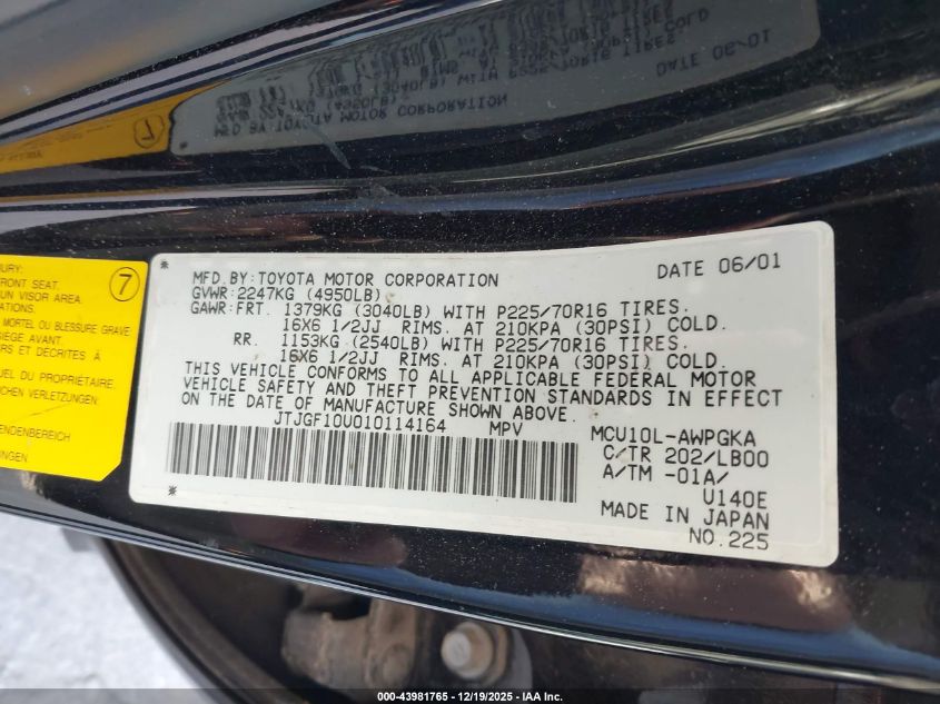 2001 Lexus Rx 300 VIN: JTJGF10U010114164 Lot: 43981765