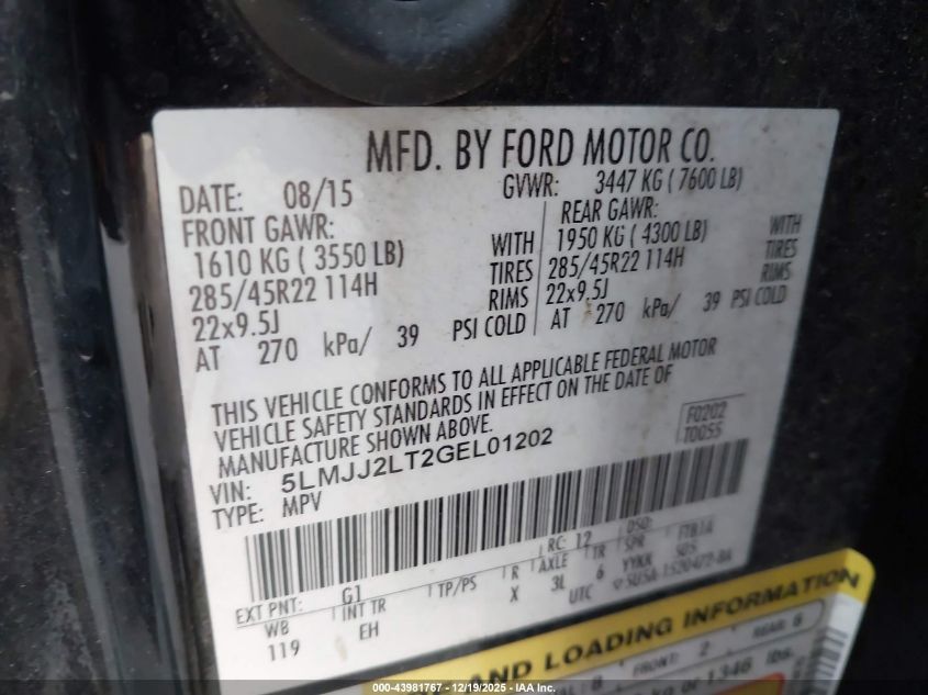 2016 Lincoln Navigator Reserve VIN: 5LMJJ2LT2GEL01202 Lot: 43981767