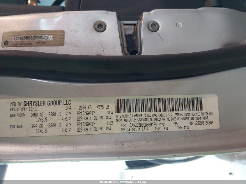 2012 Jeep Compass Sport VIN: 1C4NJDBB8CD569474 Lot: 43981770