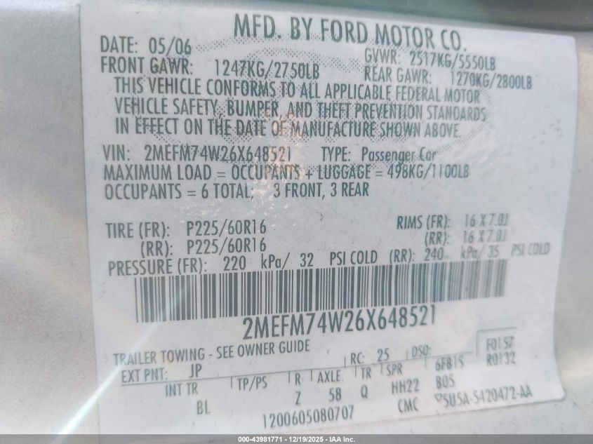 2006 Mercury Grand Marquis Gs VIN: 2MEFM74W26X648521 Lot: 43981771