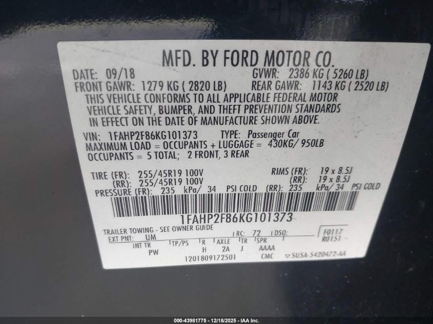 2019 Ford Taurus Limited VIN: 1FAHP2F86KG101373 Lot: 43981775