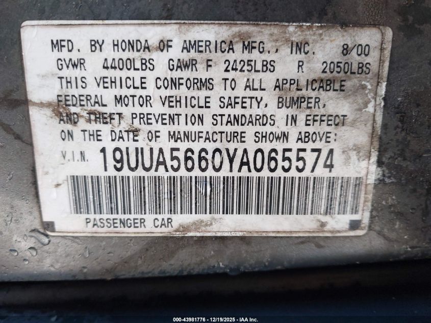 2000 Acura Tl 3.2 VIN: 19UUA5660YA065574 Lot: 43981776