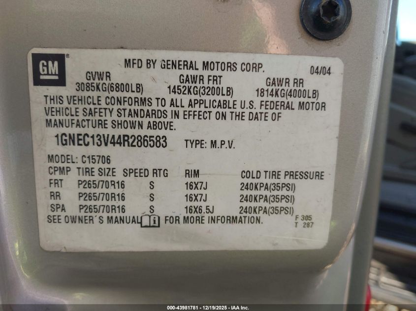 2004 Chevrolet Tahoe Ls VIN: 1GNEC13V44R286583 Lot: 43981781