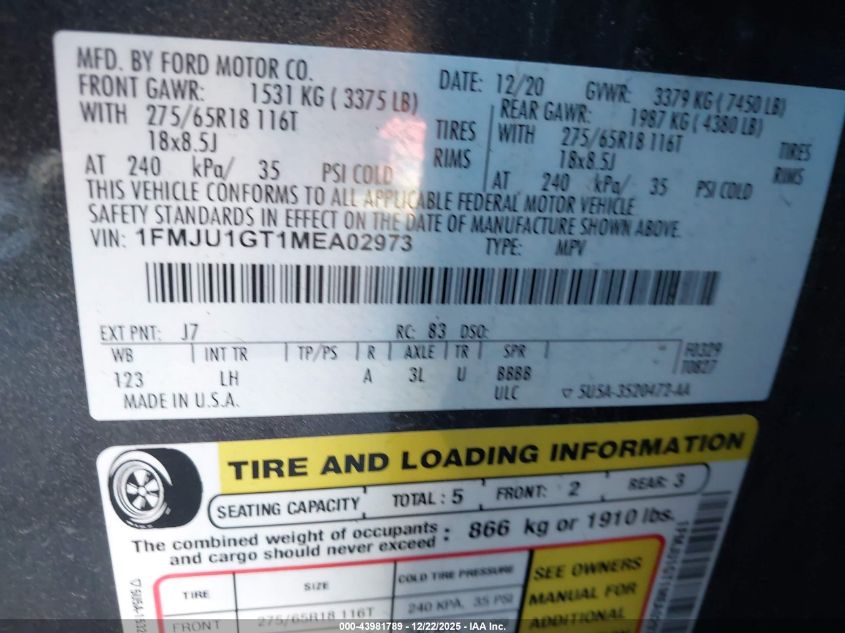 2021 Ford Expedition Xl VIN: 1FMJU1GT1MEA02973 Lot: 43981789