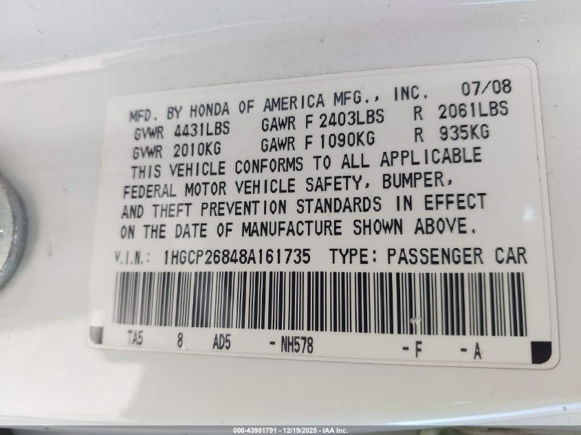 2008 Honda Accord 2.4 Ex-L VIN: 1HGCP26848A161735 Lot: 43981791