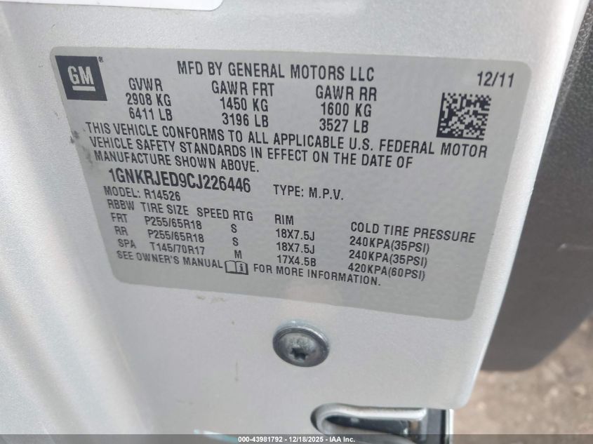 2012 Chevrolet Traverse 2Lt VIN: 1GNKRJED9CJ226446 Lot: 43981792