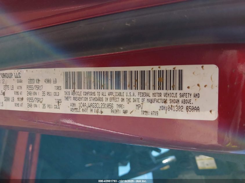 2012 Jeep Wrangler Sport VIN: 1C4AJWAG3CL231056 Lot: 43981793