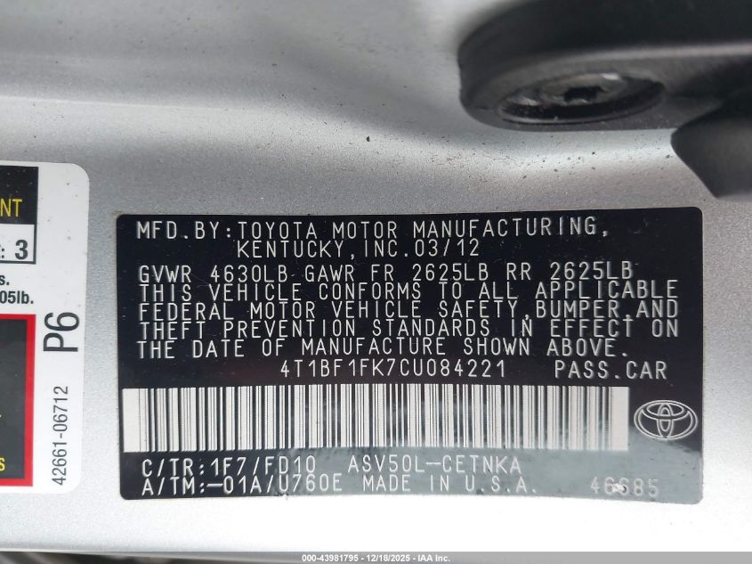 2012 Toyota Camry Le VIN: 4T1BF1FK7CU084221 Lot: 43981795