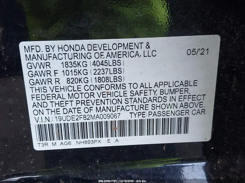2021 Acura Ilx Premium A-Spec Packages/Technology A-Spec Packages VIN: 19UDE2F82MA009067 Lot: 43981797