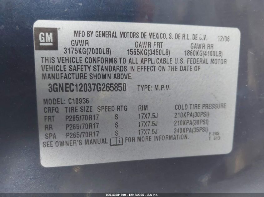 2007 Chevrolet Avalanche 1500 Lt VIN: 3GNEC12037G265850 Lot: 43981799