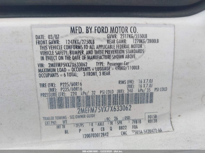 2007 Mercury Grand Marquis Ls VIN: 2MEFM75VX7X633062 Lot: 43981800