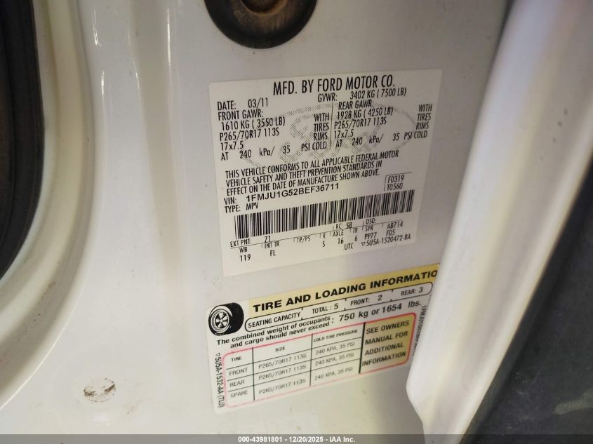 2011 Ford Expedition Xl VIN: 1FMJU1G52BEF36711 Lot: 43981801