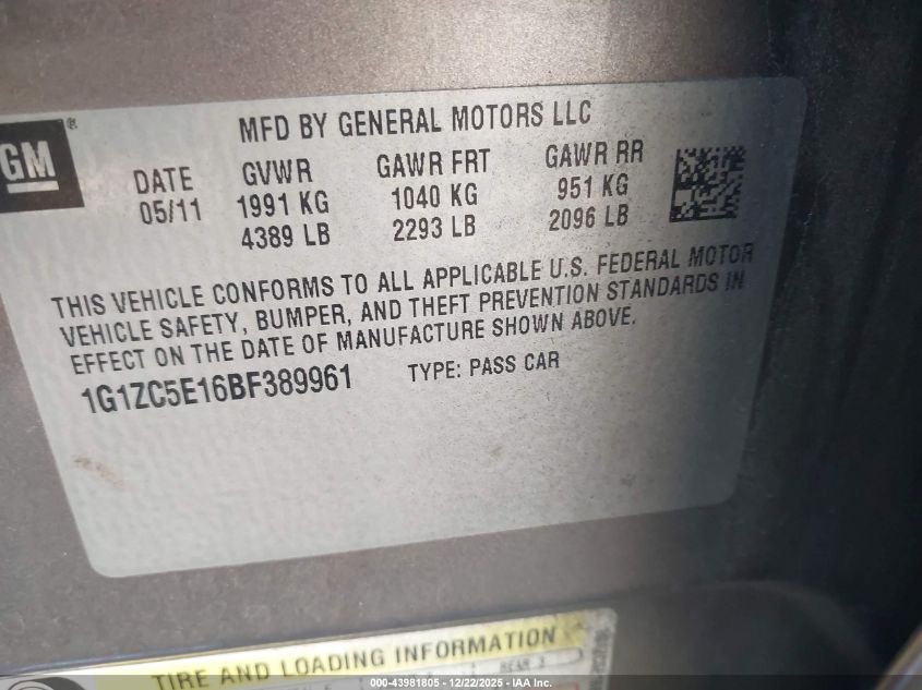 2011 Chevrolet Malibu 1Lt VIN: 1G1ZC5E16BF389961 Lot: 43981805