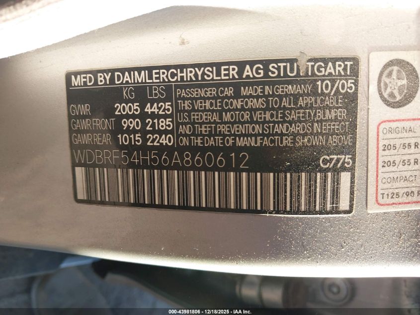 2006 Mercedes-Benz C 280 Luxury VIN: WDBRF54H56A860612 Lot: 43981806