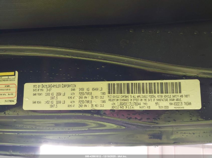 2007 Jeep Wrangler Unlimited Sahara VIN: 1J8GA59117L178344 Lot: 43981812