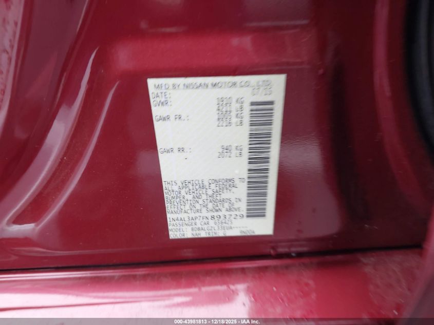 2015 Nissan Altima 2.5/2.5 S/2.5 Sl/2.5 Sv VIN: 1N4AL3AP7FN893729 Lot: 43981813