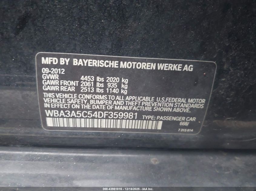 2013 BMW 328I VIN: WBA3A5C54DF359981 Lot: 43981816