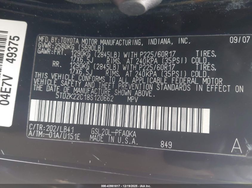 2008 Toyota Sienna Limited VIN: 5TDZK22C18S120662 Lot: 43981817