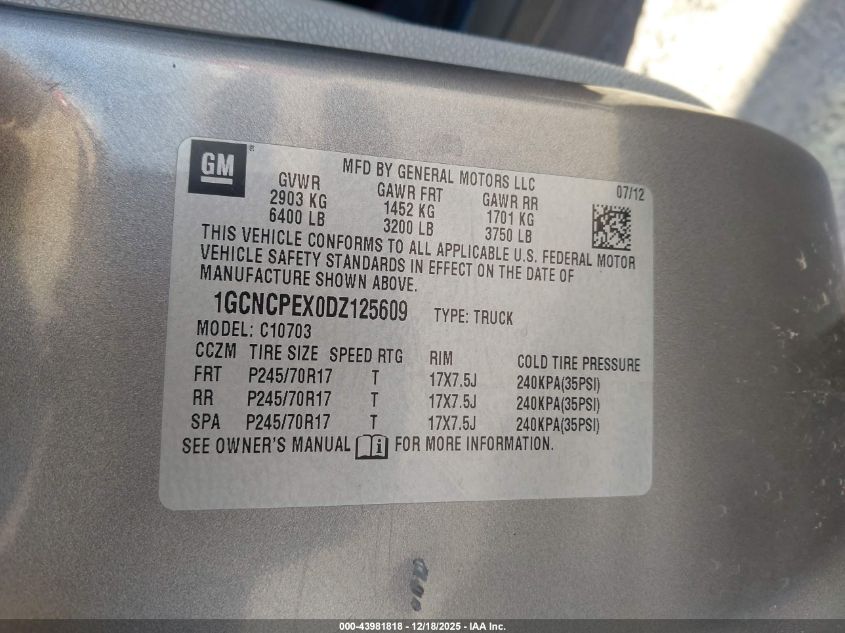 2013 Chevrolet Silverado 1500 Work Truck VIN: 1GCNCPEX0DZ125609 Lot: 43981818