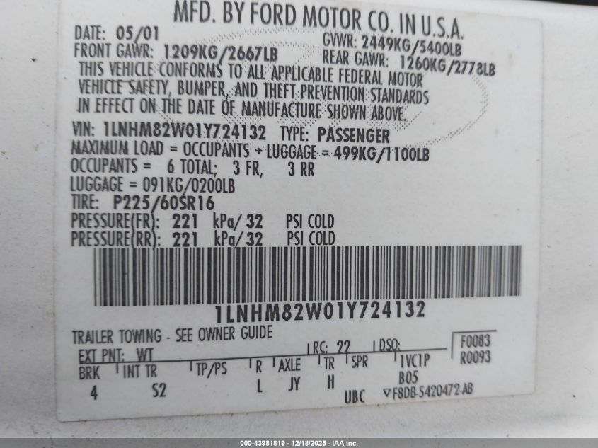 2001 Lincoln Town Car Signature VIN: 1LNHM82W01Y724132 Lot: 43981819